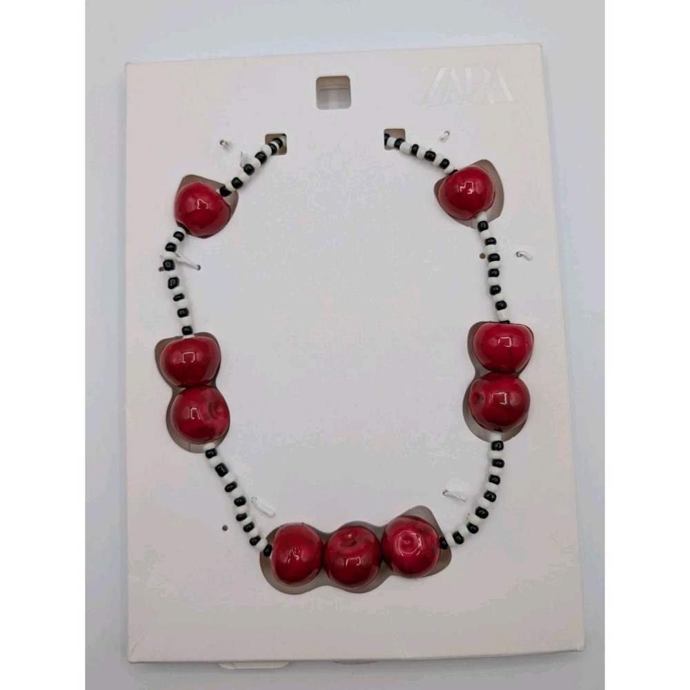 ZARA Woman SS25 CHERRY Shaped BEADs NECKLACE Red Black white stripe 1856/120/600